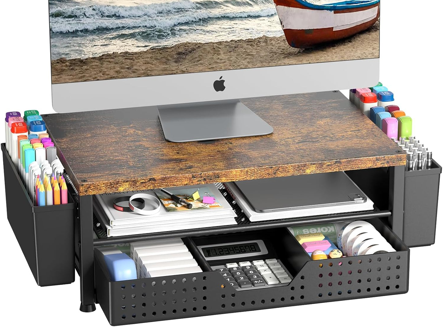 Wood Metal Monitor Stand Riser, Laptop Stand for Desk, Office Desk Organizer and Accessories, Computer Desktop Shelf with Drawer and Pen Holder, Printer Stand for Home, Office, Dorm (Natural Wood)