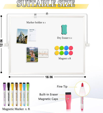 Dry Erase Magnetic White Board, 16" x 12" Double-Sided Desktop Whiteboard with Stand, Portable Small Whiteboard Set for Drawing, Office, Home