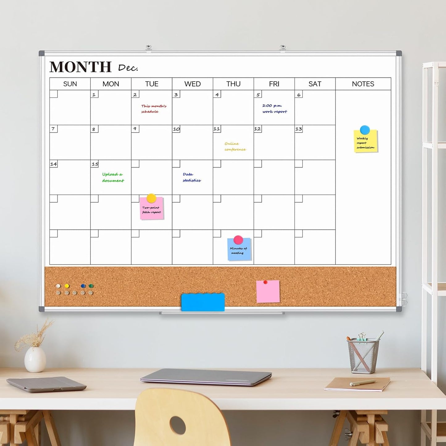 Weekly Dry Erase Calendar Whiteboard for Wall, 24" x 18" Double-Sided Weekly Planner White Board Cork Combo, Hanging & Wall Mount Week Bulletin Board with Notes for Home, Office, School, Kitchen