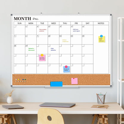 Weekly Dry Erase Calendar Whiteboard for Wall, 24" x 18" Double-Sided Weekly Planner White Board Cork Combo, Hanging & Wall Mount Week Bulletin Board with Notes for Home, Office, School, Kitchen