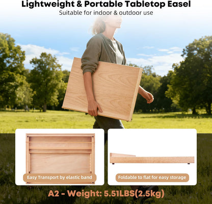 Wooden Tabletop Easel for Painting, Adjustable Table Top Artist Drawing Board for Adults, Students, 5-Position Art Easel Stand 25.6" x 18.9" Drafting Board with A3 Sketch Paper, A2