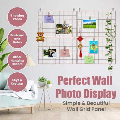 CIKLCIX Metal Grid Wall Panel, Wire Grid Photo Display Organizer, 17.3"×11.8" Gold Wire Board Grid Wall, Grid Picture Frame, 2-Pack Wire Mesh Memo Board With Clips and Hooks
