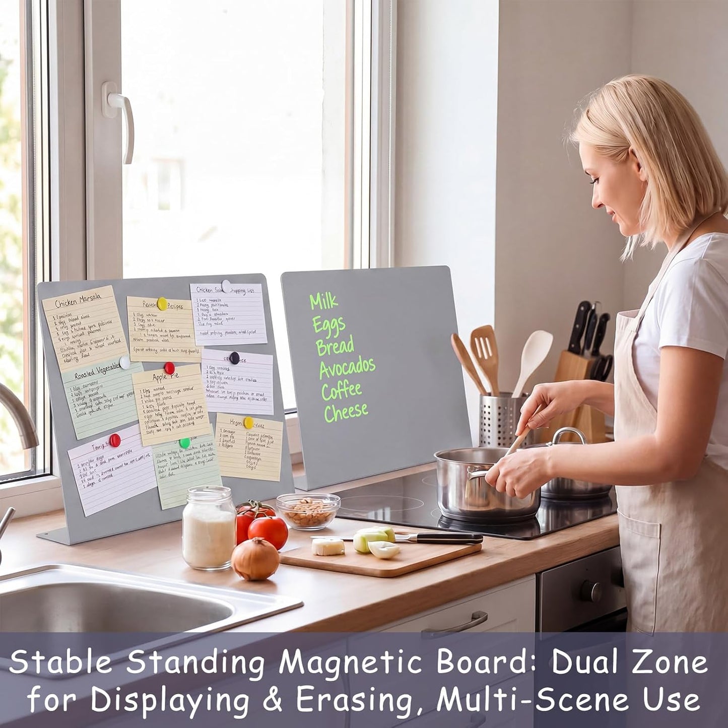 Geyoga 2 Pack Magnetic Bulletin Board with Stand, 16 x 12 Inch Black Magnet Display Board for Memo, Menu, Notes, Photos, for Kitchen Countertop, Office Desk, School