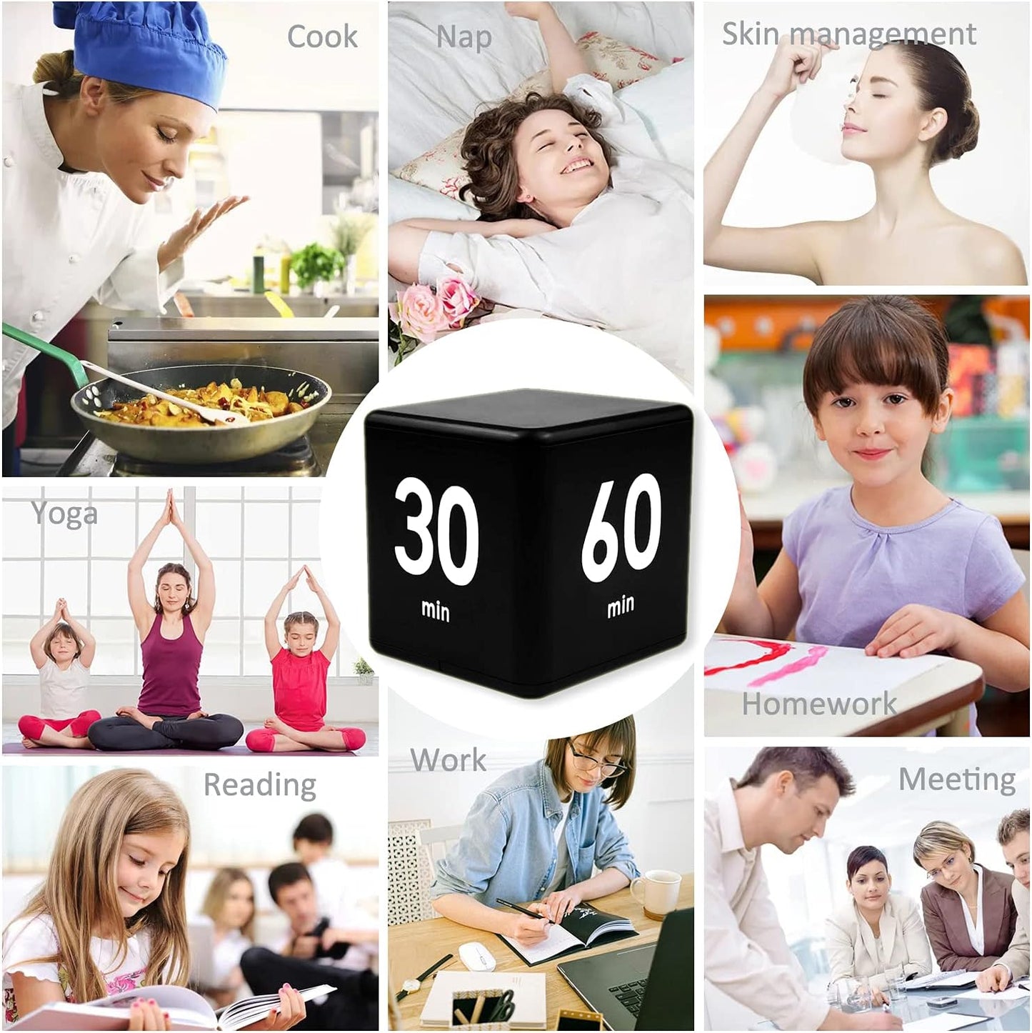 Cube Timer, Productivity Visual Timer 15/20/30/60 Minutes Preset, Desk Portable Rotating Multi Timers for ADHD Time Management Work Study Cooking Workout School (Black)
