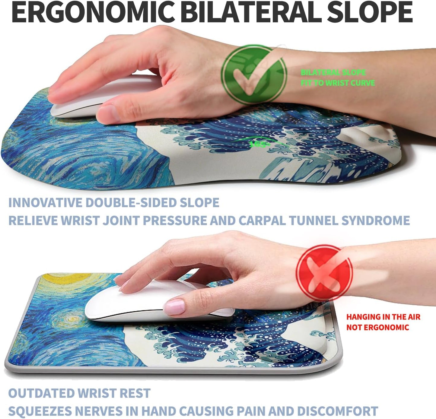 Ergonomic Raised Mouse Pad Wrist Support with Bilateral Slope Memory Foam Mousepad for Wrist Rest and Carpal Tunnel Pain Relief 11.8x7.9〃 Black