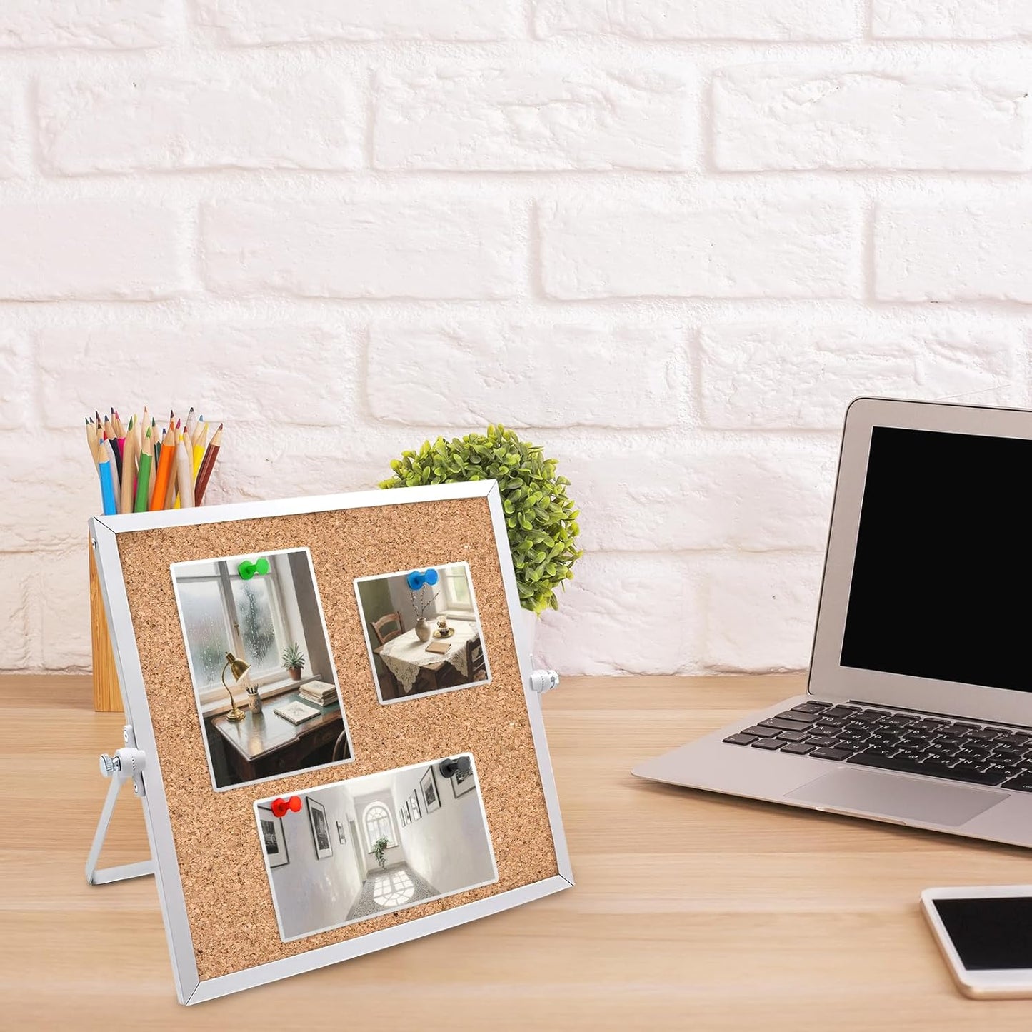 2 Pack Cork Board Bulletin Board, Double Sided Pin Board with Silver Aluminum Border, Desktop Small Cork Board with Stand Suitable for Home, Office, Desk Message Board or Picture Board 9.8"×9.8"