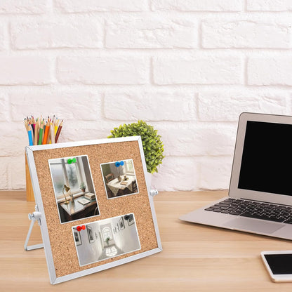 2 Pack Cork Board Bulletin Board, Double Sided Pin Board with Silver Aluminum Border, Desktop Small Cork Board with Stand Suitable for Home, Office, Desk Message Board or Picture Board 9.8"×9.8"