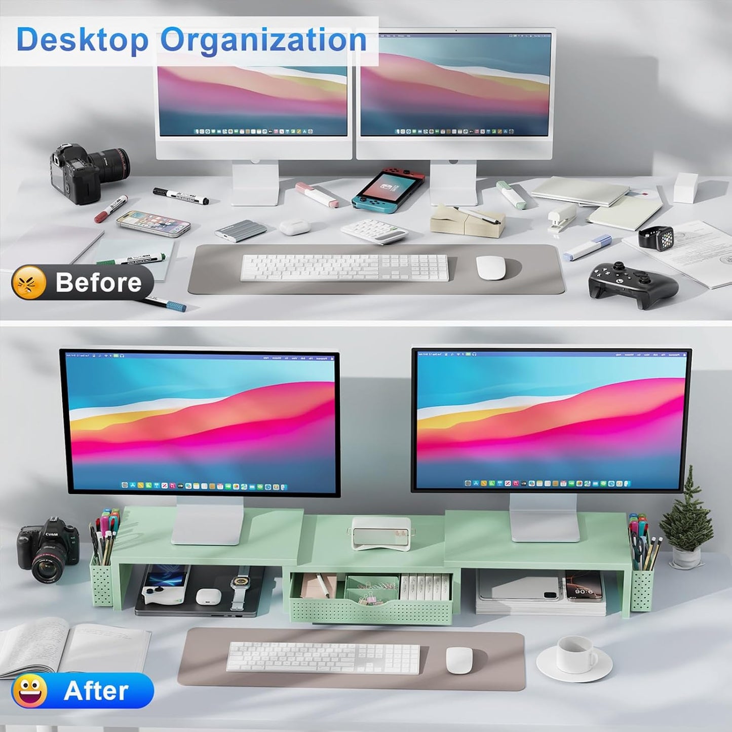 gianotter Dual Monitor Stand Riser, Desk Organizer With Drawer and 2 Pen Holders,Computer Monitor Stand, Desk Shelf for Top of Desk, Wood