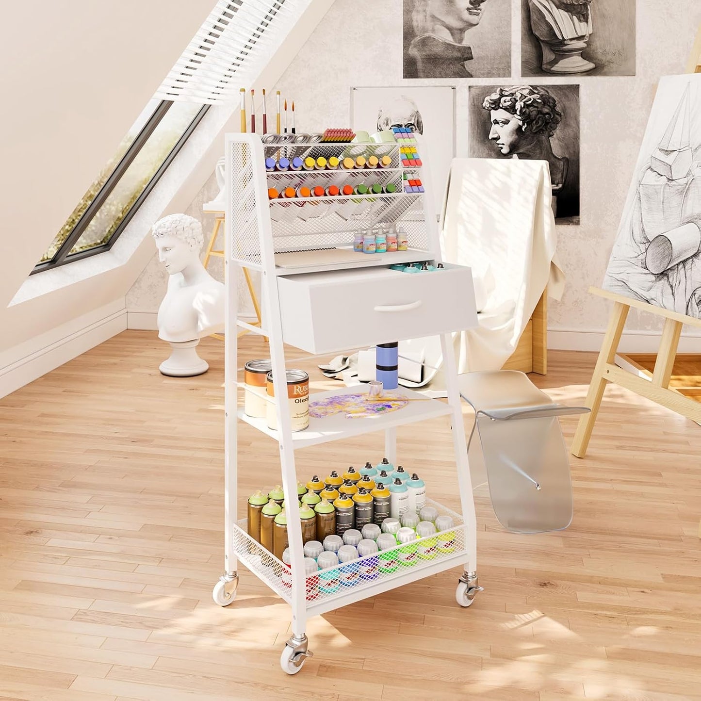 Homsorout 3 Tier Rolling Cart - Metal Utility Cart with Storage Drawer and Wheels, Versatile Art & Craft Organizer for Home, Office, or Studio - Ideal for Storing Brushes, Paints, and Supplies