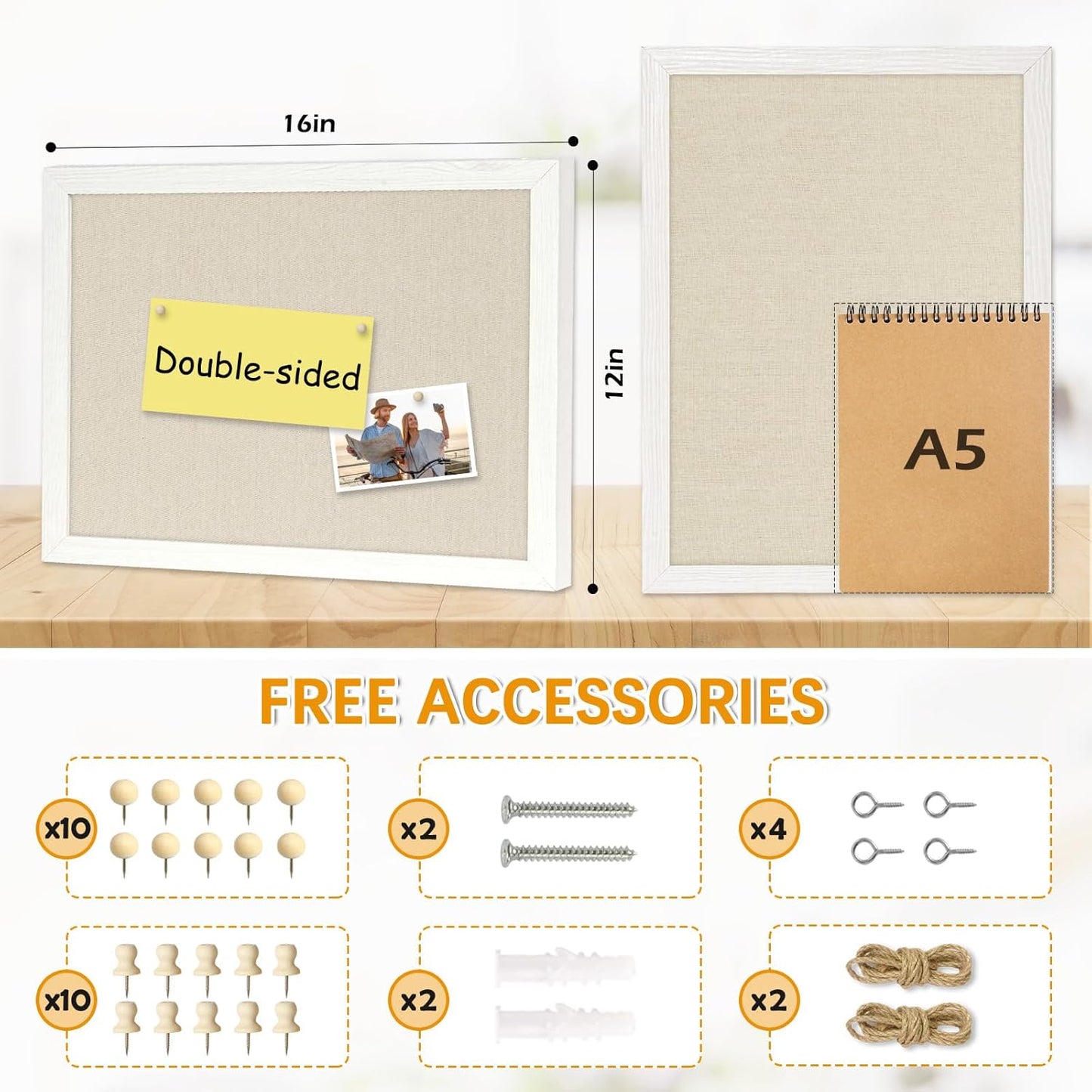 DOLLAR BOSS Bulletin Boards with Linen 1-Pack 16''X 12'' Double-Sided Cork Board for Walls Wood Framed Bulletin Boards, Small Pin Board for Home Kitchen Office Decorative Hanging 10 Pushpins