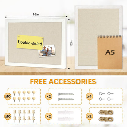 DOLLAR BOSS Bulletin Boards with Linen 1-Pack 16''X 12'' Double-Sided Cork Board for Walls Wood Framed Bulletin Boards, Small Pin Board for Home Kitchen Office Decorative Hanging 10 Pushpins