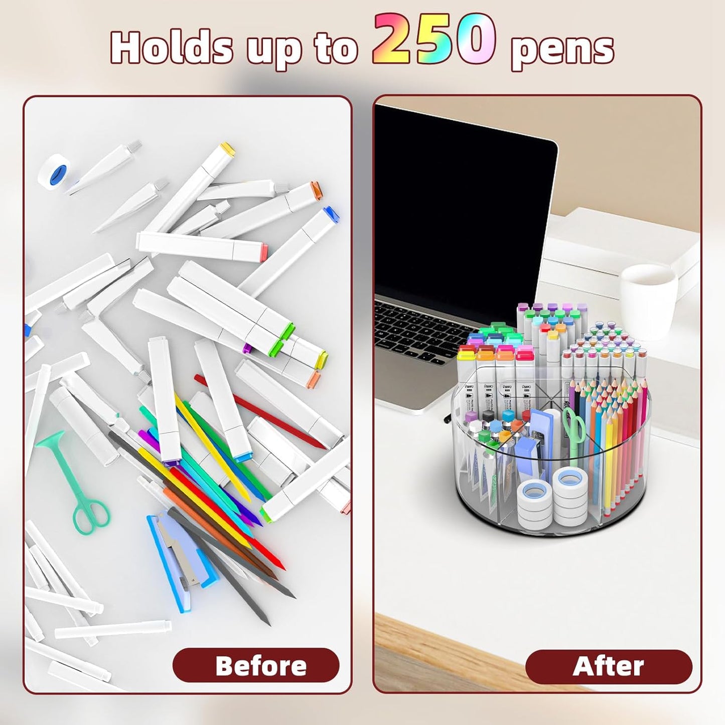 Absonic 250pcs Acrylic Pencil Holder Marker Organizer, 360-Degree Rotating Pen Holder, Crayon Organizers for Kids Pencil Organizer Caddy Art Supply Lazy Susan Organizer for Desk Home School Office