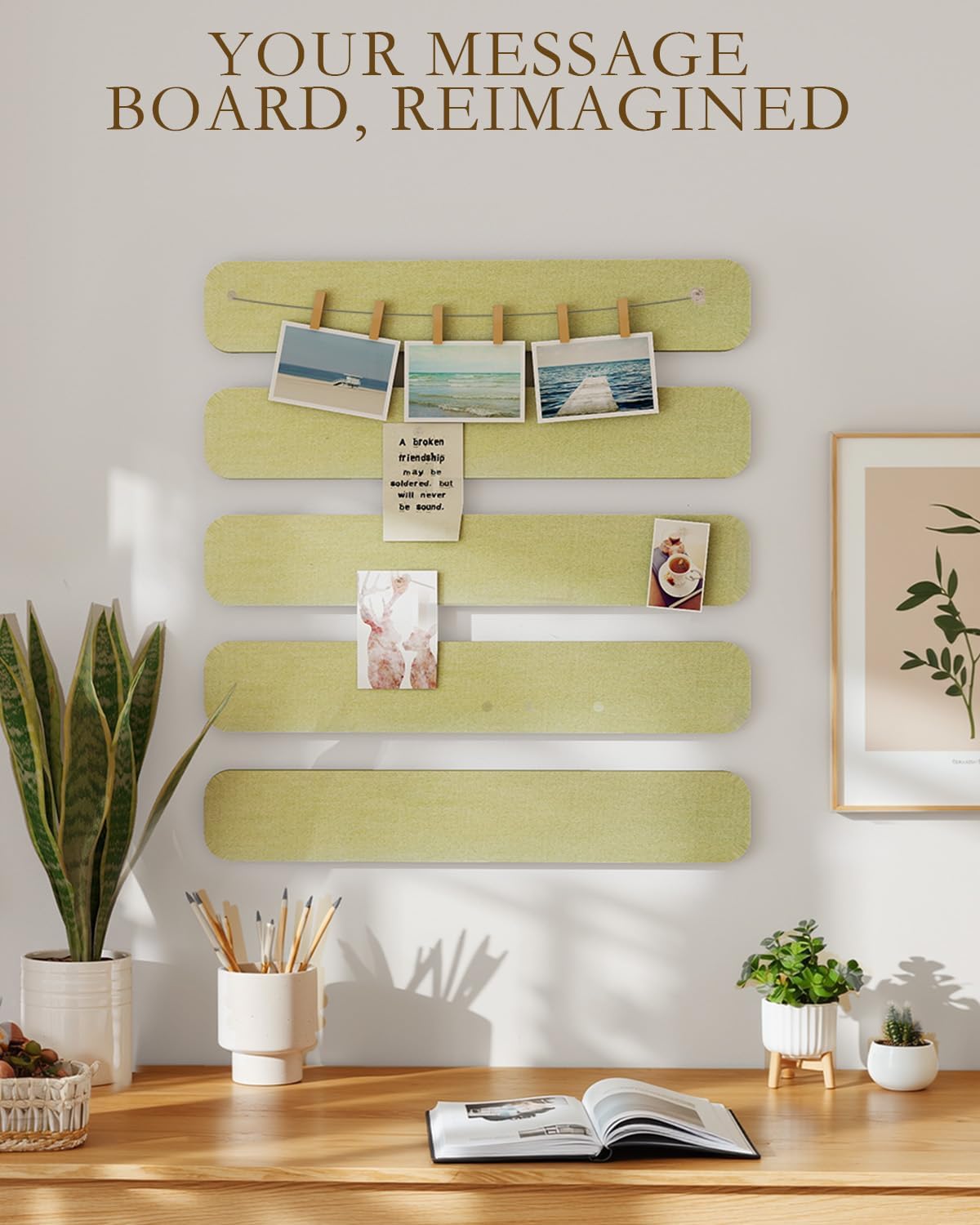 JBER Felt Strip Board 5 Pack 13"x2", Cork Board Alternative Pin Bulletin Board, Self-Adhesive Vision Board with 25 Push Pins for Walls, Office & Home Decor(Light Camel)