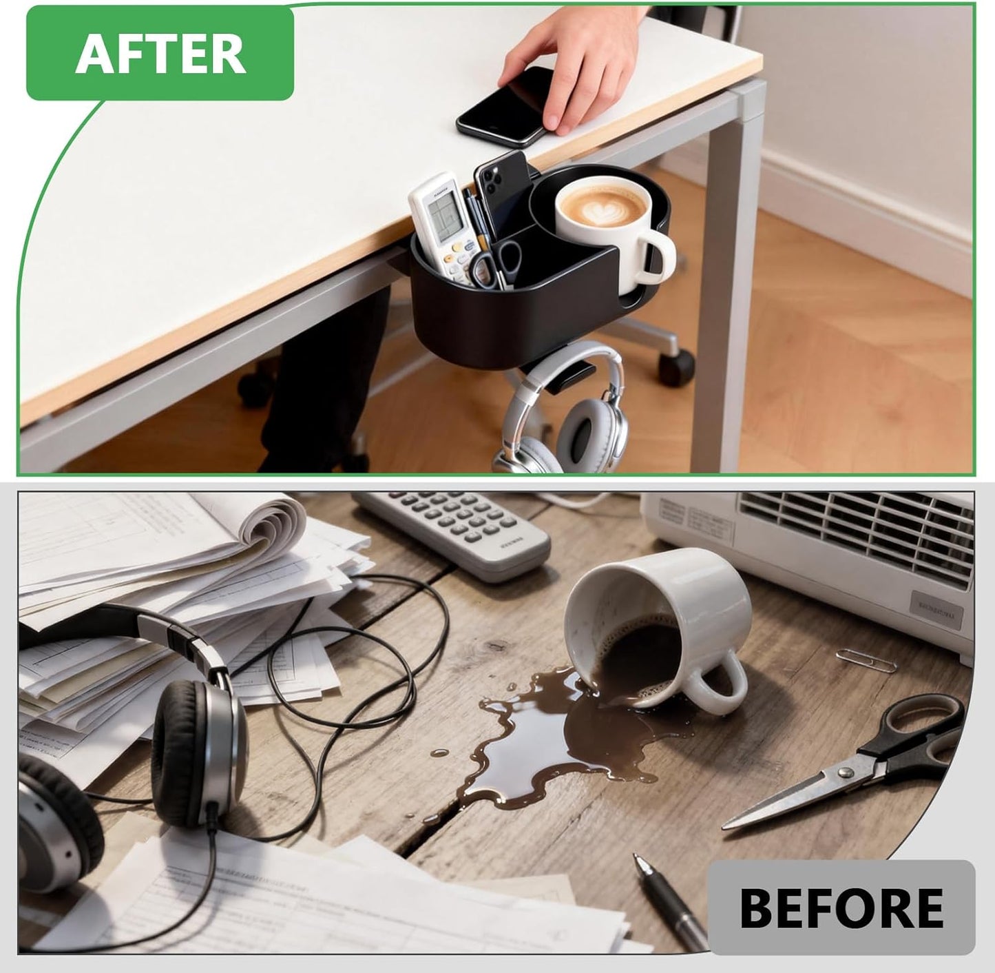 4 in 1 Desk Cup Holder Clamp on Under Desk Headphone Detachable Pen Cup Holder Hanger Caddy Organizer for Office Table, Lawn Chair, Pontoon Boat