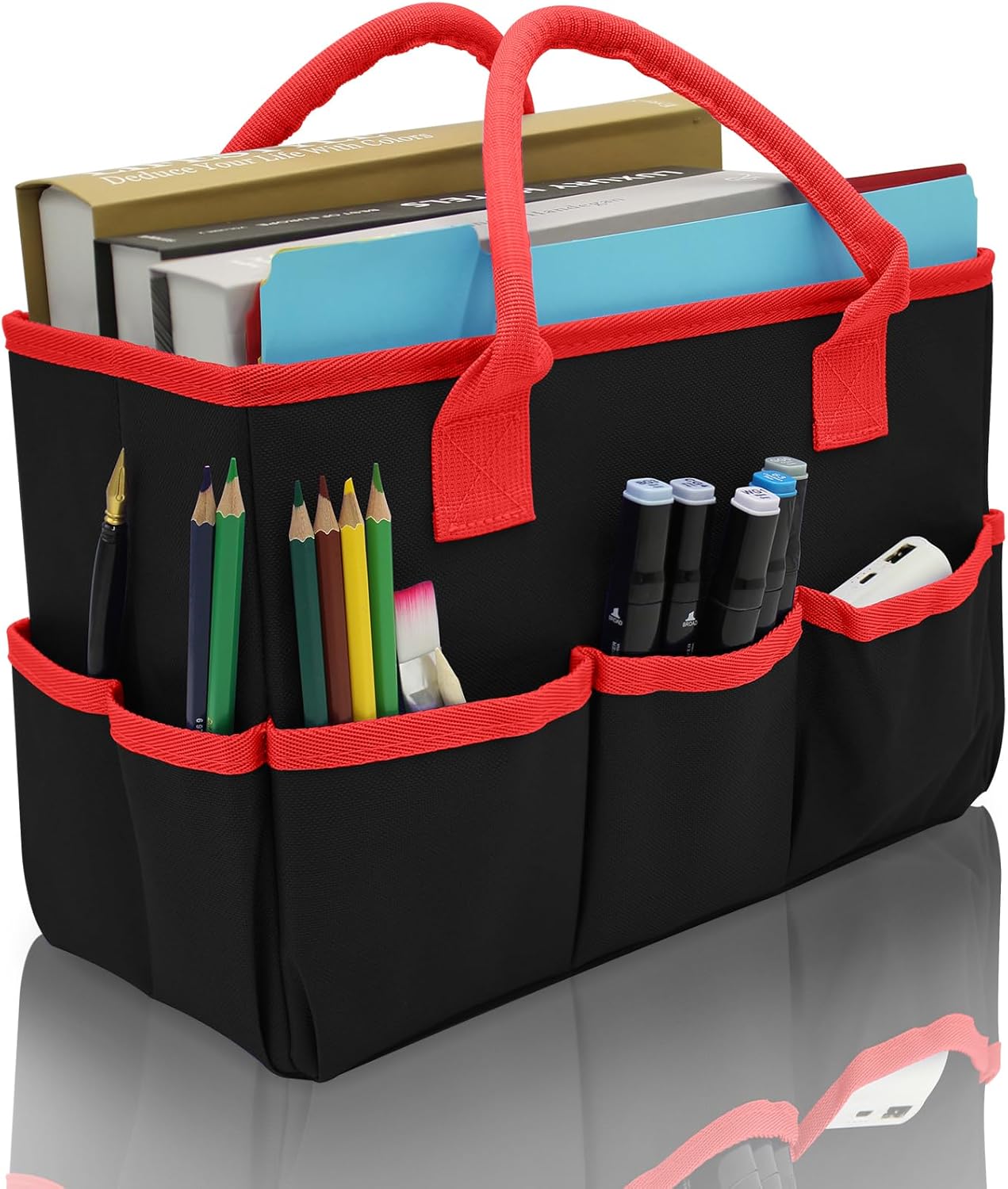 Cupohus Art Organizer Craft Storage Tote Bag with Pockets and Hadles, Oxford Fabric Carrying Caddy for Teacher, Officer, Artist, Traveler, and more – Pink