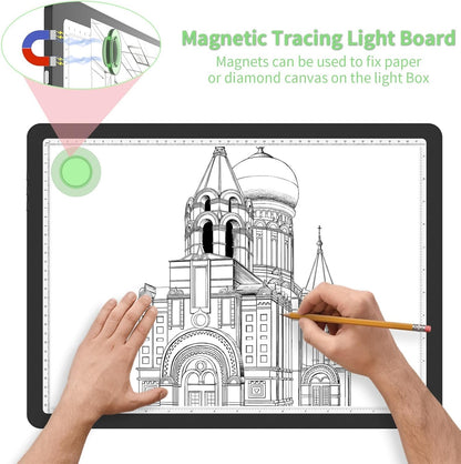 KOBAIBAN A3 Magnetic Light Pad with Bag, Rechargeable Diamond Art Light Board with Side Physical Buttons, 3 Color Light Modes Super Bright Light Table Light Box for Tracing, Drawing, Sketching (White)