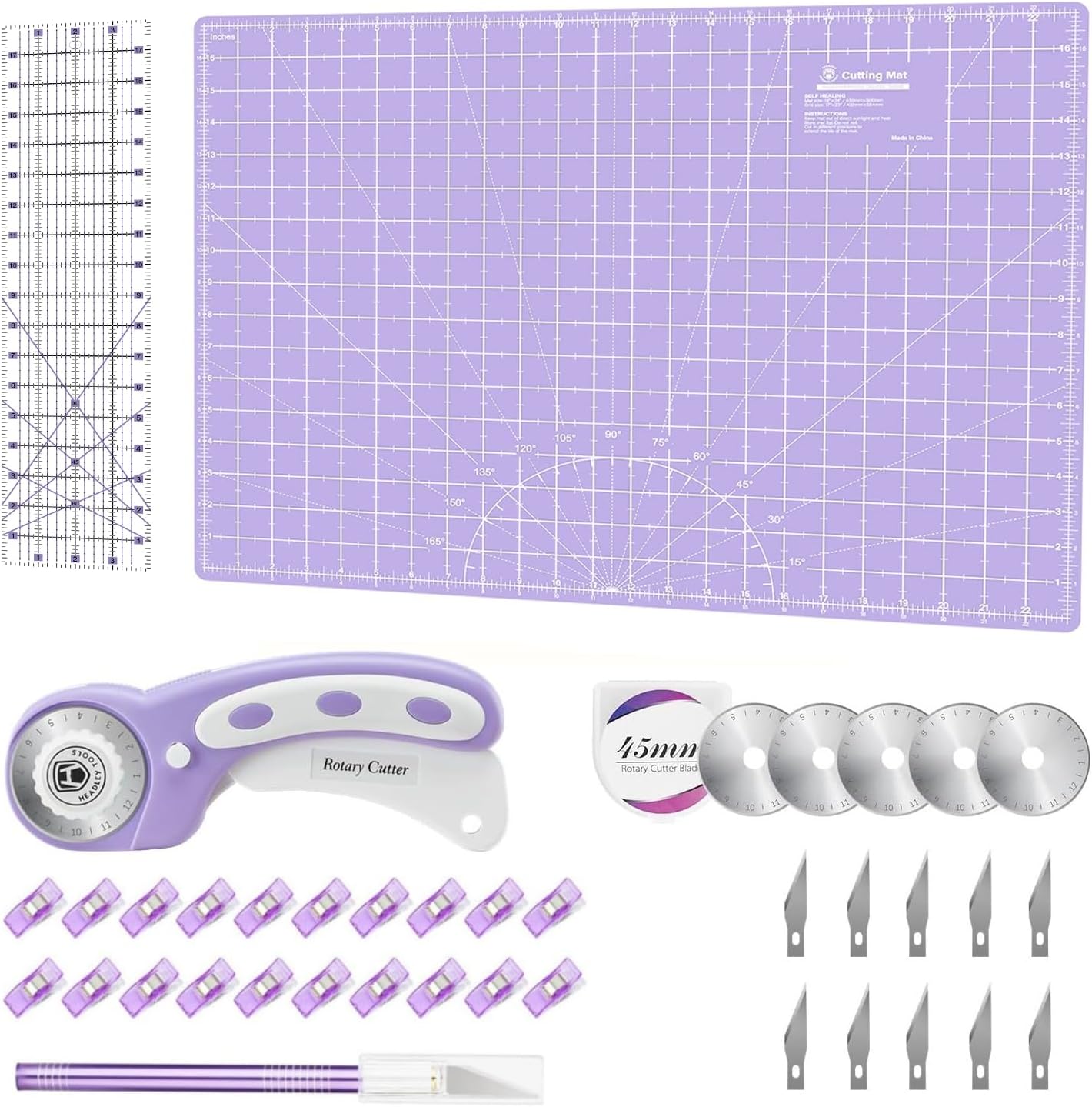 Headley Tools Rotary Cutter Set - 45mm Fabric Cutter, 5 Extra Rotary Blades, A3 Cutting Mat, Quilting Ruler and Sewing Clips, Craft Knife Set, Ideal for Crafting, Sewing, Patchworking, Purple