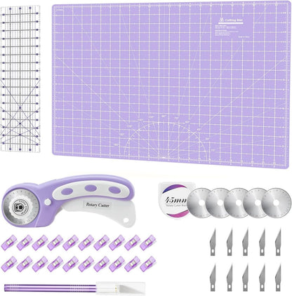 Headley Tools Rotary Cutter Set - 45mm Fabric Cutter, 5 Extra Rotary Blades, A3 Cutting Mat, Quilting Ruler and Sewing Clips, Craft Knife Set, Ideal for Crafting, Sewing, Patchworking, Purple