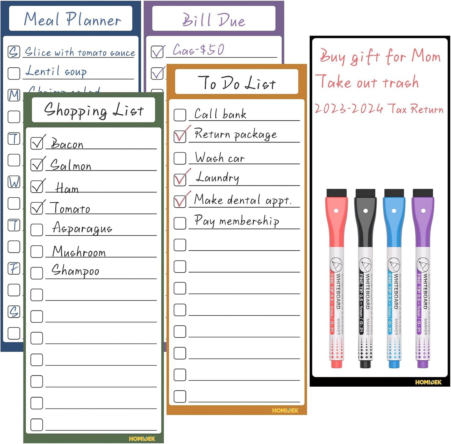 HOMiDEK Dry Erase Whiteboard for Fridge - Magnetic White Board for Refrigerator - 2 Sheets of Weekly Calenders, Monthly Habit Tracker, Memo Pad, to Do List and 4 Markers - 4" x 10"