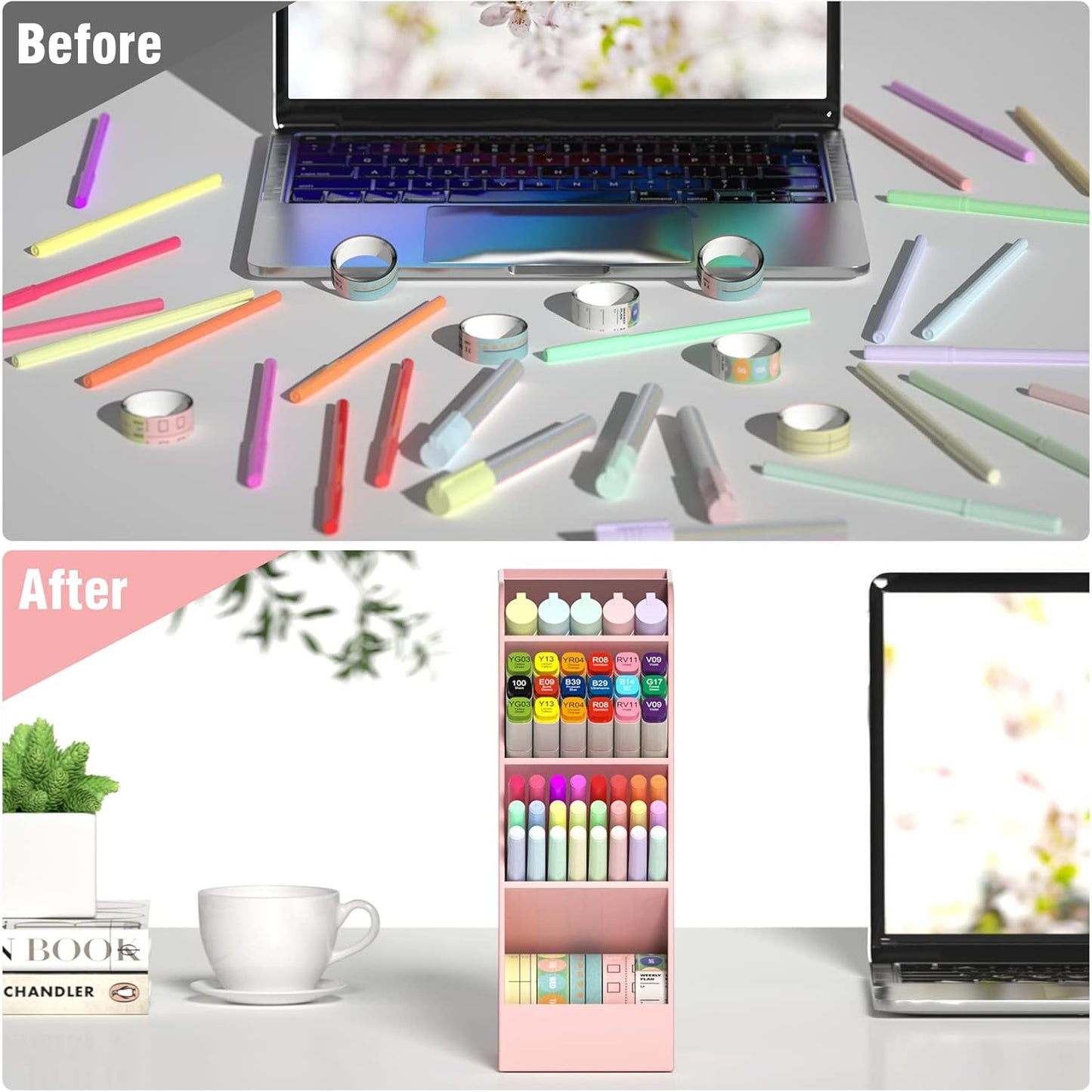 Asten Pen Holder, Pencil Holder for Desk, Pen Organizer for Office, School, Desktop, Large Capacity Pen Storage Organizer with 5 Compartment for Pens, Markers, Makeup Brush, Cosmetics (Clear, 3 Pack)