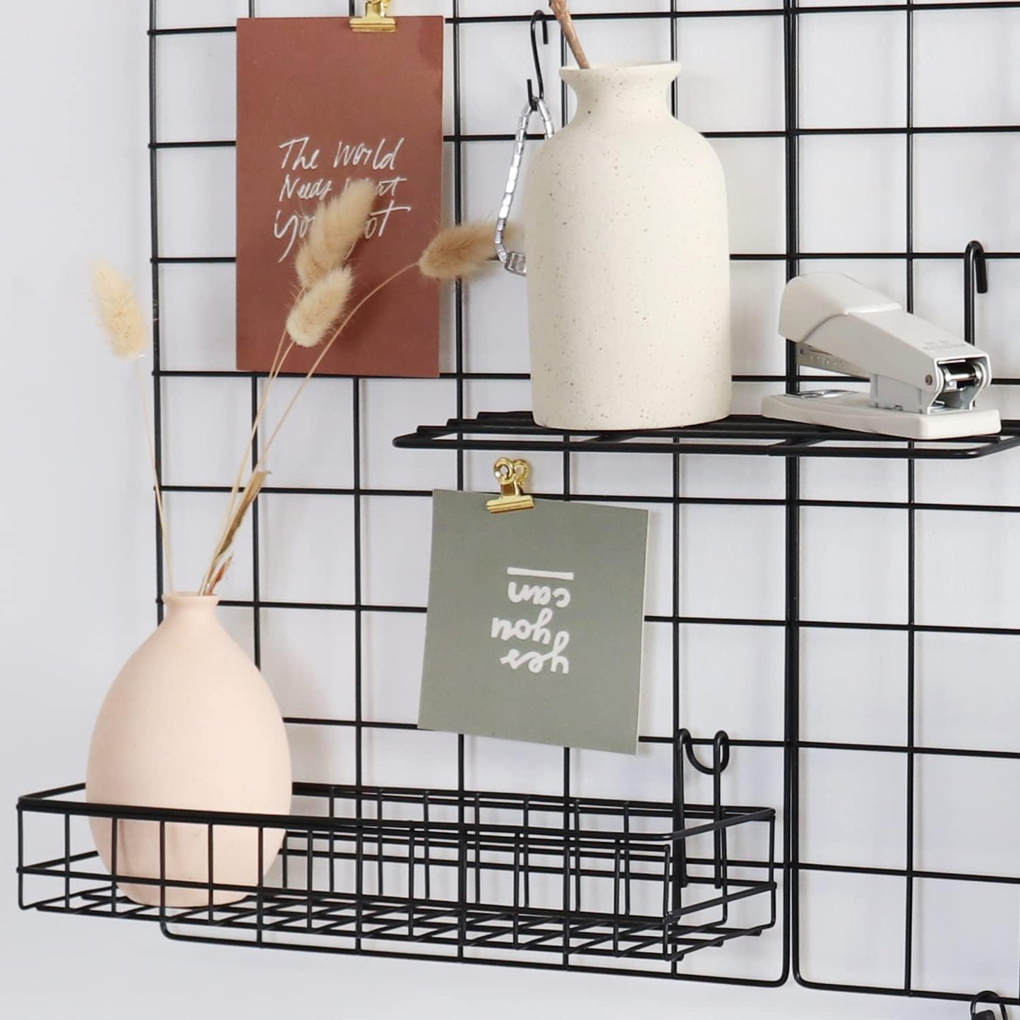 Wall Grid Panel for Photo Display,Wall Storage Organizer,5 Metal Clips & 3 S Hooks & 4 Nails & 4 Plastic Hanging Buckles and 4 Screws Offered,Size 17.5" x 11.8",2 Pack(Gold)