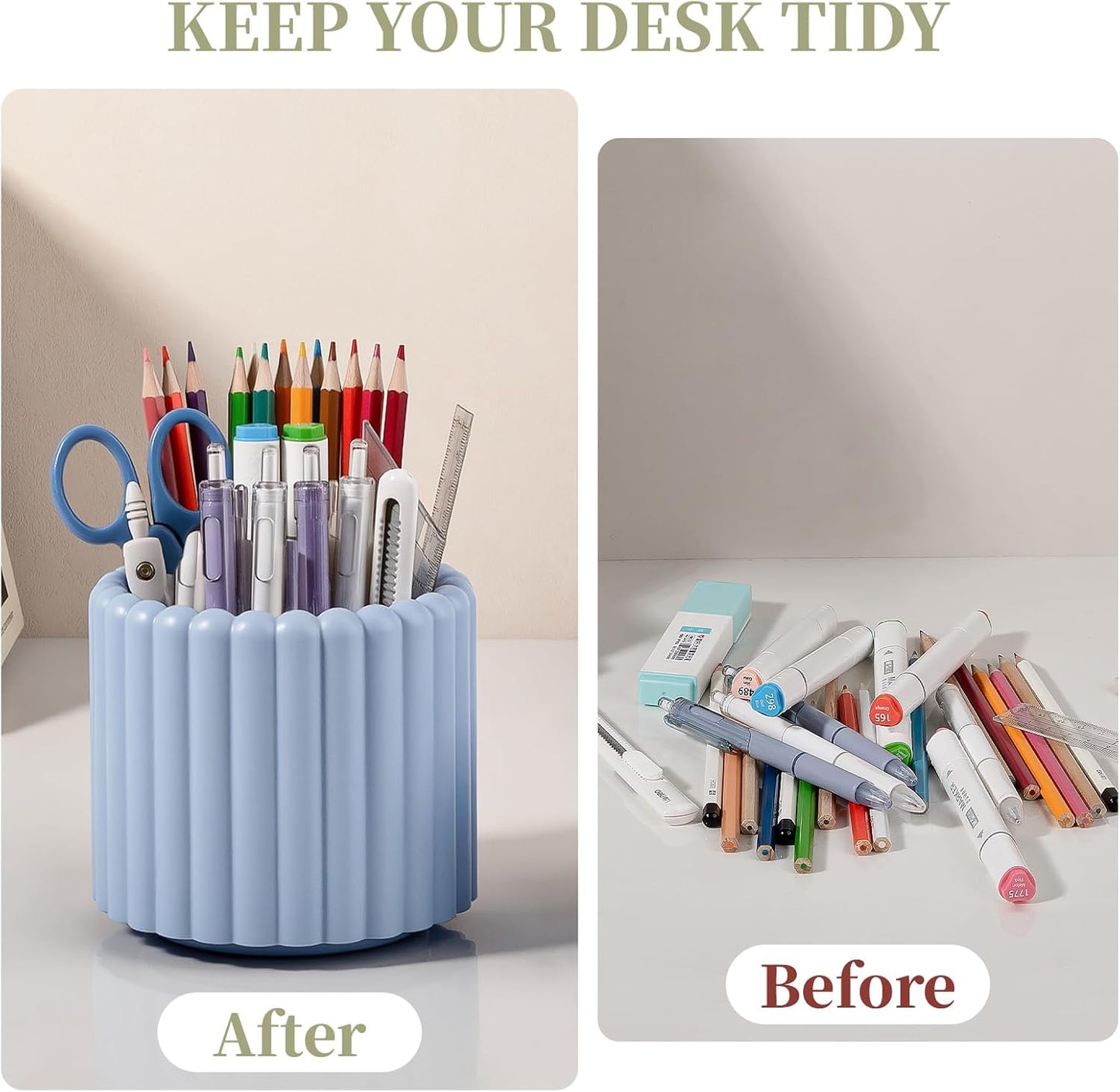 Anyoifax 360° Rotating Pen Holder 7 Slots Desk Organizer Removable Pencil Cup Plastic Art Supplies and Accessories Desktop Storage Box Caddy for Office, School, Home (White)