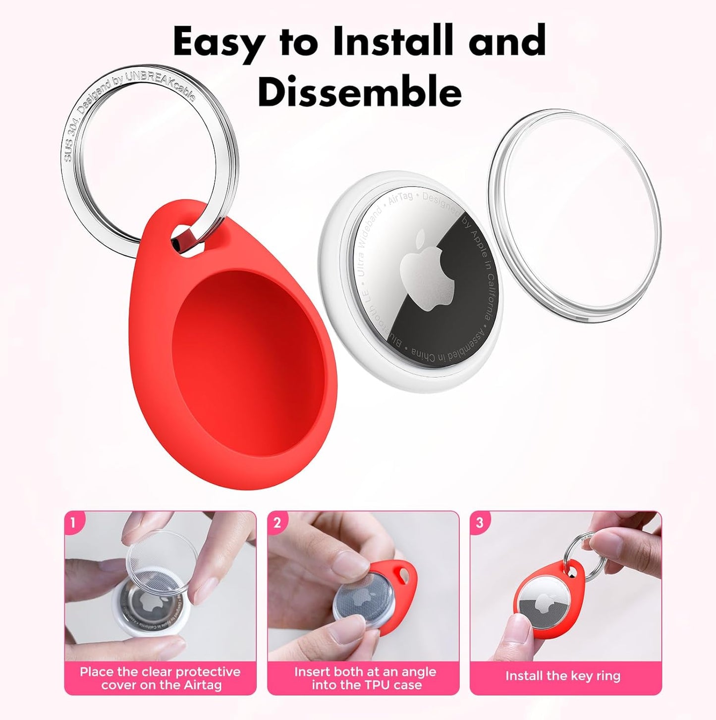 UNBREAKcable AirTag Holder for Apple - 4 Pack Air Tag Case [Fit Tightly Design] [Easy to Install] [Hold Securely] Waterproof TPU Protective Cover with Metal Keychain for Kids,Pet,Luggage,Backpack,Keys