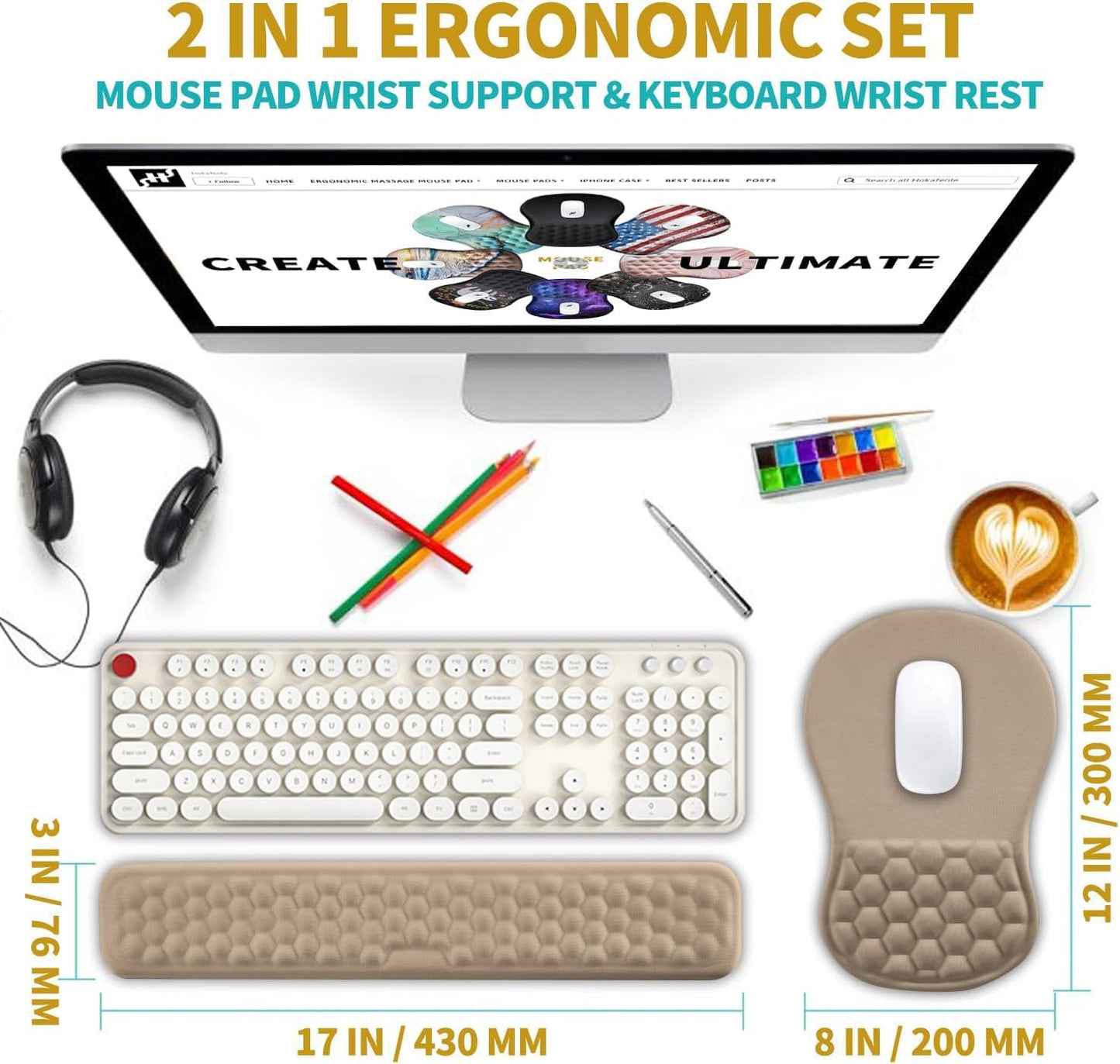 Hokafenle 2 in 1 Ergonomic Mouse Pad Wrist Support & Wrist Rest for Computer Keyboard Set, with Relieve Carpal Tunnel Pain Massage Bulge and Full Memory Gel Design (2In1 Set, Black)