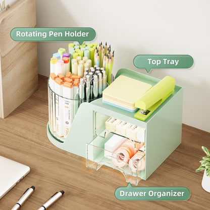 Marbrasse Desk Organizer with 2 Drawer, 360°Rotating Pen Holder, Desk Organizers and Accessories with 6 Slots Pencil Holder + 2 Drawer, Art Supply Storage Box Caddy for Office (Black)