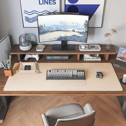 DAWNTREES Dual Sided Desk Mat,Leather Desk Pad,Brown 40"x16",Cork Desk Mat Protector,with PU Leather Valet Tray Organizer,Large Mouse Pad,Desk Writing Pad for Office and Home
