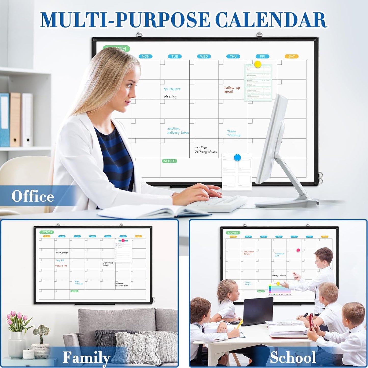 WALGLASS Weekly Dry Erase Calendar Whiteboard for Wall, 24" x 18" Double-Sided Weekly Planner White Board with Notes, Daily Tracker, Aluminum Framed Hanging & Wall Mount for Home, Office, School