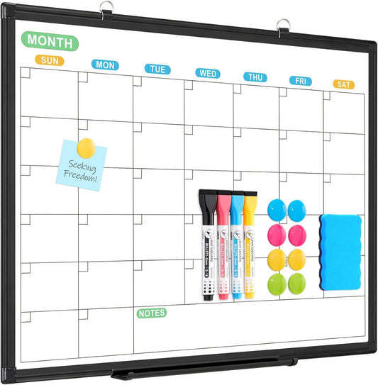 WALGLASS Weekly Dry Erase Calendar Whiteboard for Wall, 24" x 18" Double-Sided Weekly Planner White Board with Notes, Daily Tracker, Aluminum Framed Hanging & Wall Mount for Home, Office, School
