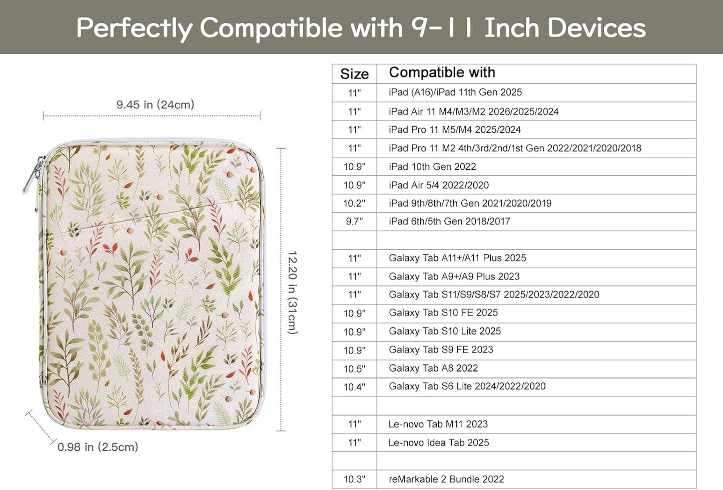Dadanism 9-11" Tablet Sleeve Bag Carrying Case for iPad (A16) 11th Gen 11", iPad 10th Gen 10.9" Air 5/4, iPad Air M4/Pro 11", iPad 9/8/7th, Galaxy Tab A11+ Plus 11", Remarkable 2 10.3", Black
