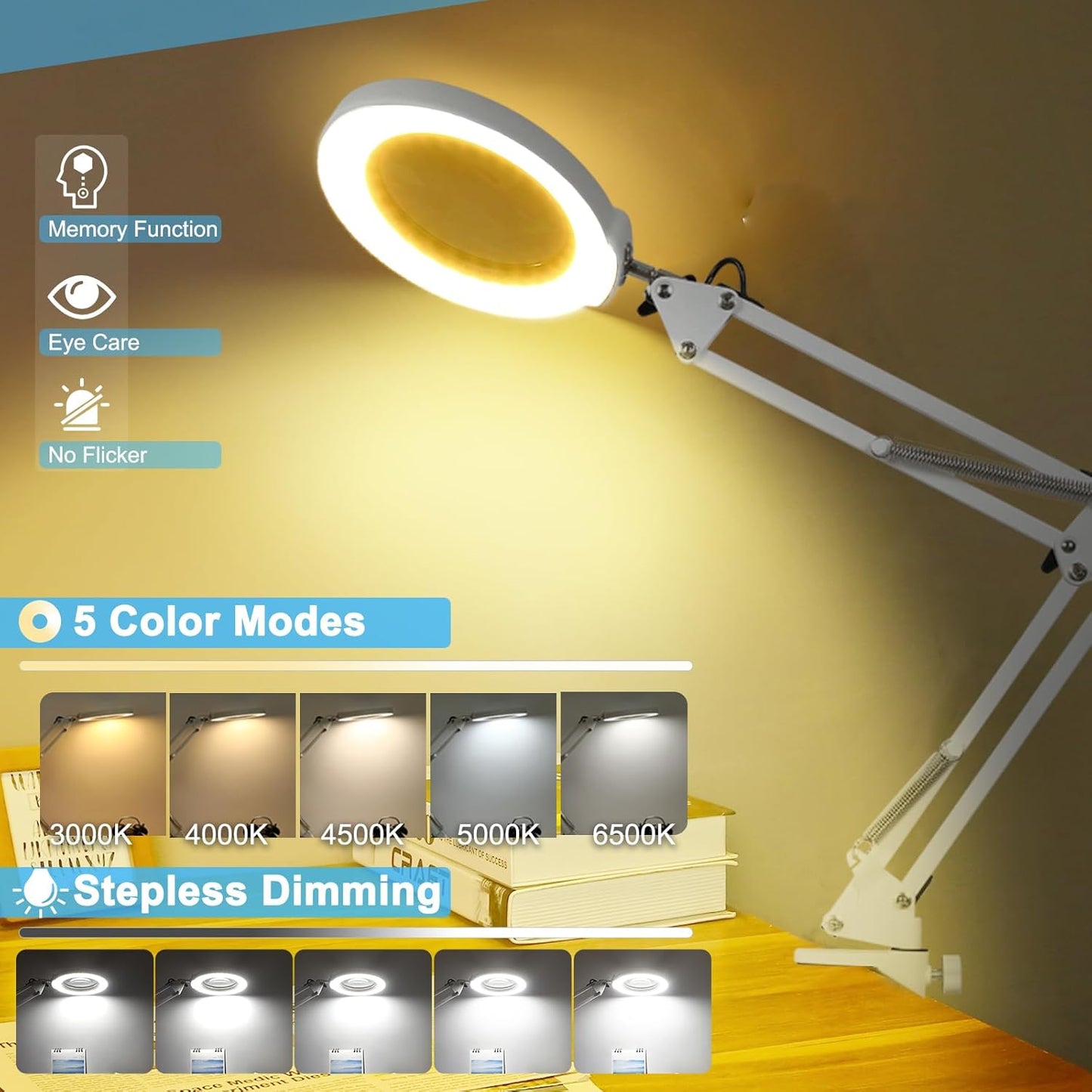 Coyeth 10X Magnifying Glass with Light and Clamp, Real Glass Stand Lighted Magnifier, 5 Color Modes Stepless Dimmable LED Desk Lamp Hands Free for Crafts Hobby Reading Painting Sewing Close Work