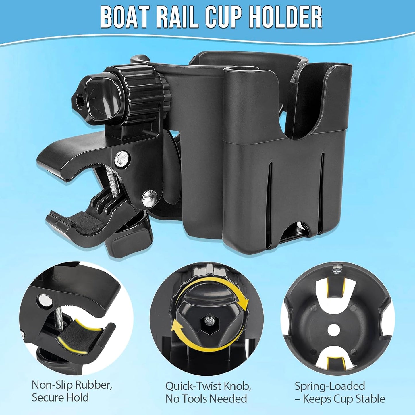 QualyQualy Boat Rail Cup Holder 2 Pack, No-Drill Clamp-On Marine Cup Holders 360° Adjustable for Pontoon Boat, Bimini Top, Grab Bar, PWC, Jet Ski, Fits Round & Square Rails 15-40mm, Boat Gifts for Men