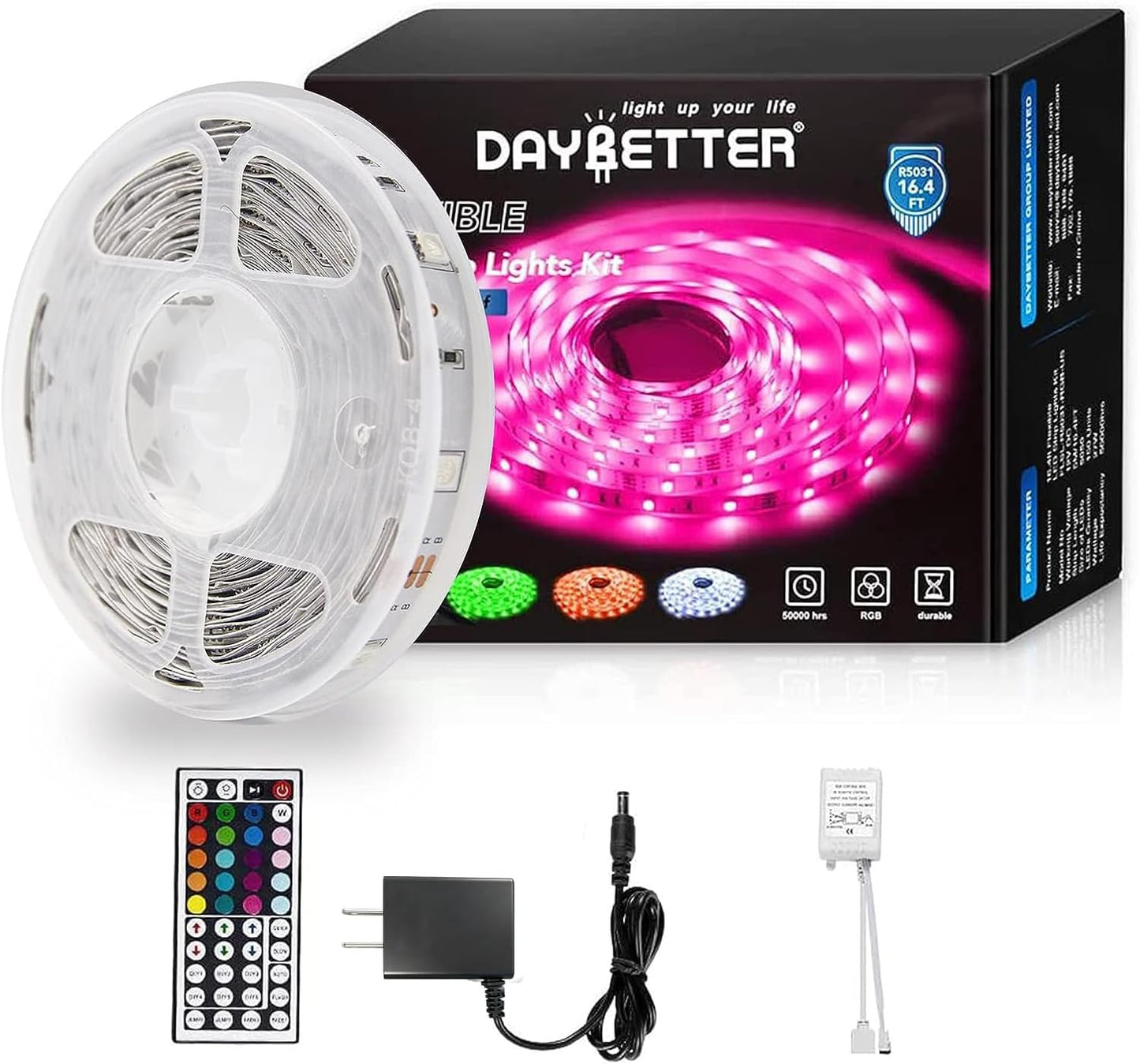 DAYBETTER Led Strip Lights 32.8ft Kit with Remote and Power Supply Color Changing
