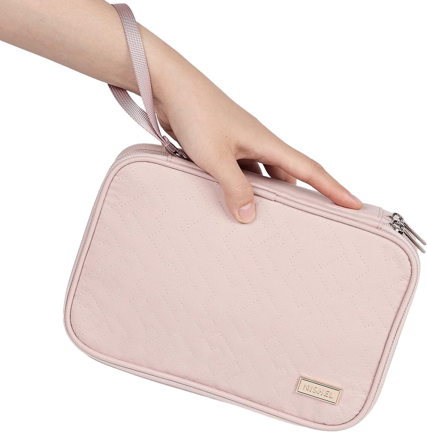 NISHEL Travel Cord Organizer Case, Double Layers Tech Electronic Bag, Essentials for Charger, Cable, Phone, Flash drive, Medium, Pink