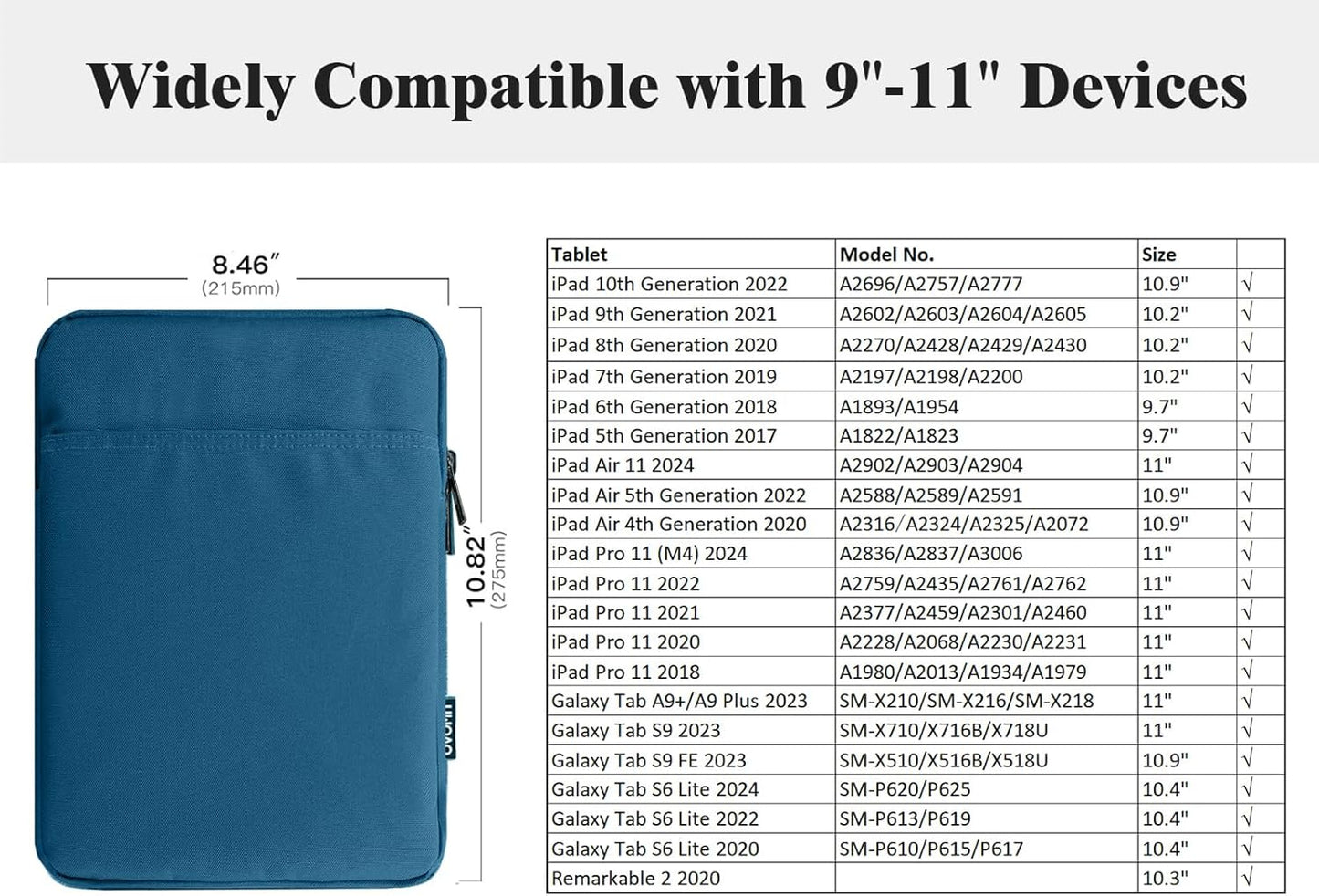 TiMOVO 9-11" Tablet Sleeve Bag for iPad 11-inch A16 2025, iPad 10.9"/10.2"| Air 11 Inch/5th/4th Gen. 10.9", Galaxy Tab A9+/A11Plus 11", Protective Bag Fit Smart Keyboard, Dusty Blue