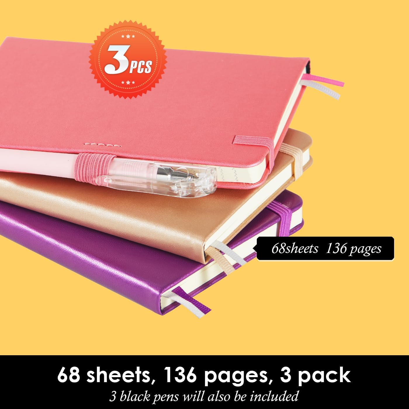 NIRMIRO 3 Pack Pocket Notebook Journals, Small Notepad Notebooks for Note Taking, A6 Mini Note pads with Pen Holder, 408 Lined Pages, 3.7" x 5.7", Black, Brown, Blue
