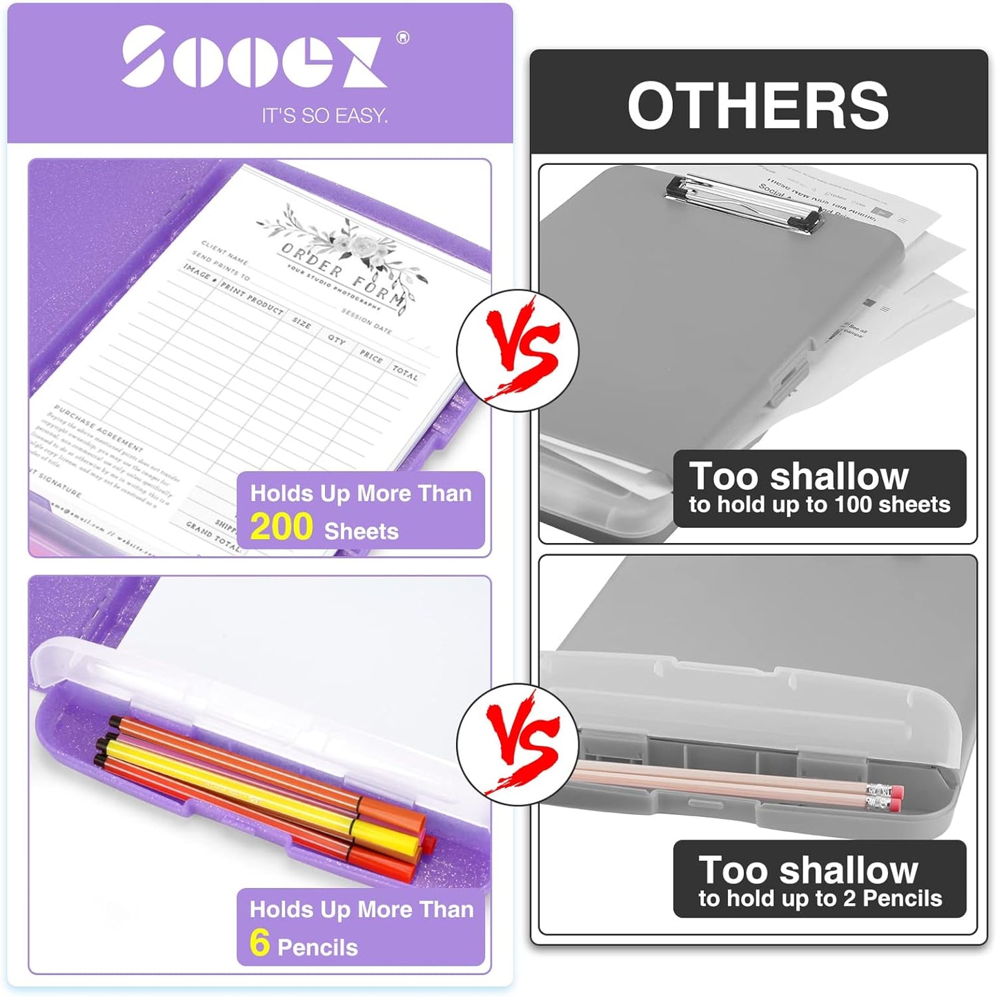 Sooez Clipboard with Storage, Clip Board 8.5 x 11 with Pen Holder, Plastic Organization Case Box for Letter Legal A4 Size Paper, Low Profile Clip, Nurses Teachers Must Haves, School & Office Supplies