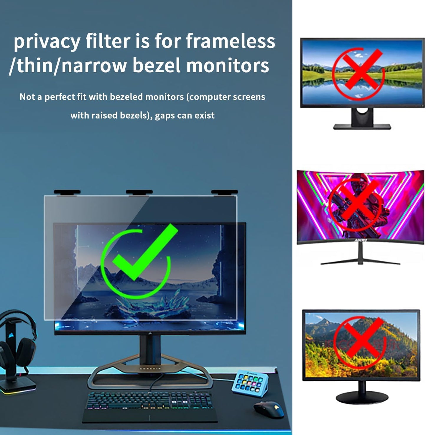 2 Pack Magnetic Hanging Computer Privacy Screen 24 Inch for 16:9 Widescreen Monitor, Removable Privacy Screen Anti Glare Blue Light Computer Screen Privacy Shield, Anti-Scratch 24in Protector Film