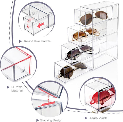 Desk Organizer with 8 Drawers, FODIENS 2 Packs Stackable Desktop Storage Box with Removable Drawer, Clear Sunglasses Organizer Display Case for Stationery Marker Pens Eyeglasses Office Supply
