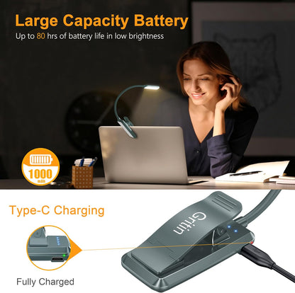 Gritin 9 LED Rechargeable Book Light for Reading in Bed - Eye Caring 3 Color Temperatures,Stepless Dimming Brightness,80 Hrs Runtime Small Lightweight Clip On Book Reading Light for Studying