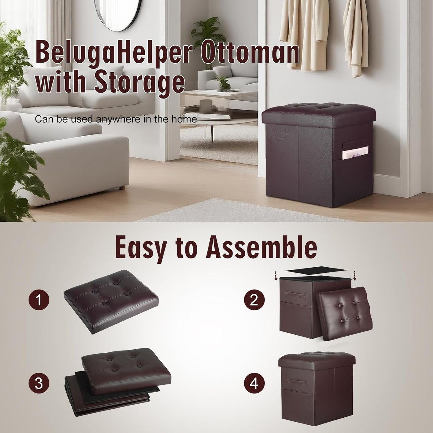 BelugaHelper Storage Ottoman Foot Rest Stool, Foldable Leather Footstool Storage Bench with Thicker Foam Padded Seat. Foot Rest Under Desk for Living Room Bedroom 350 lbs, 17x13x13 in, Brown