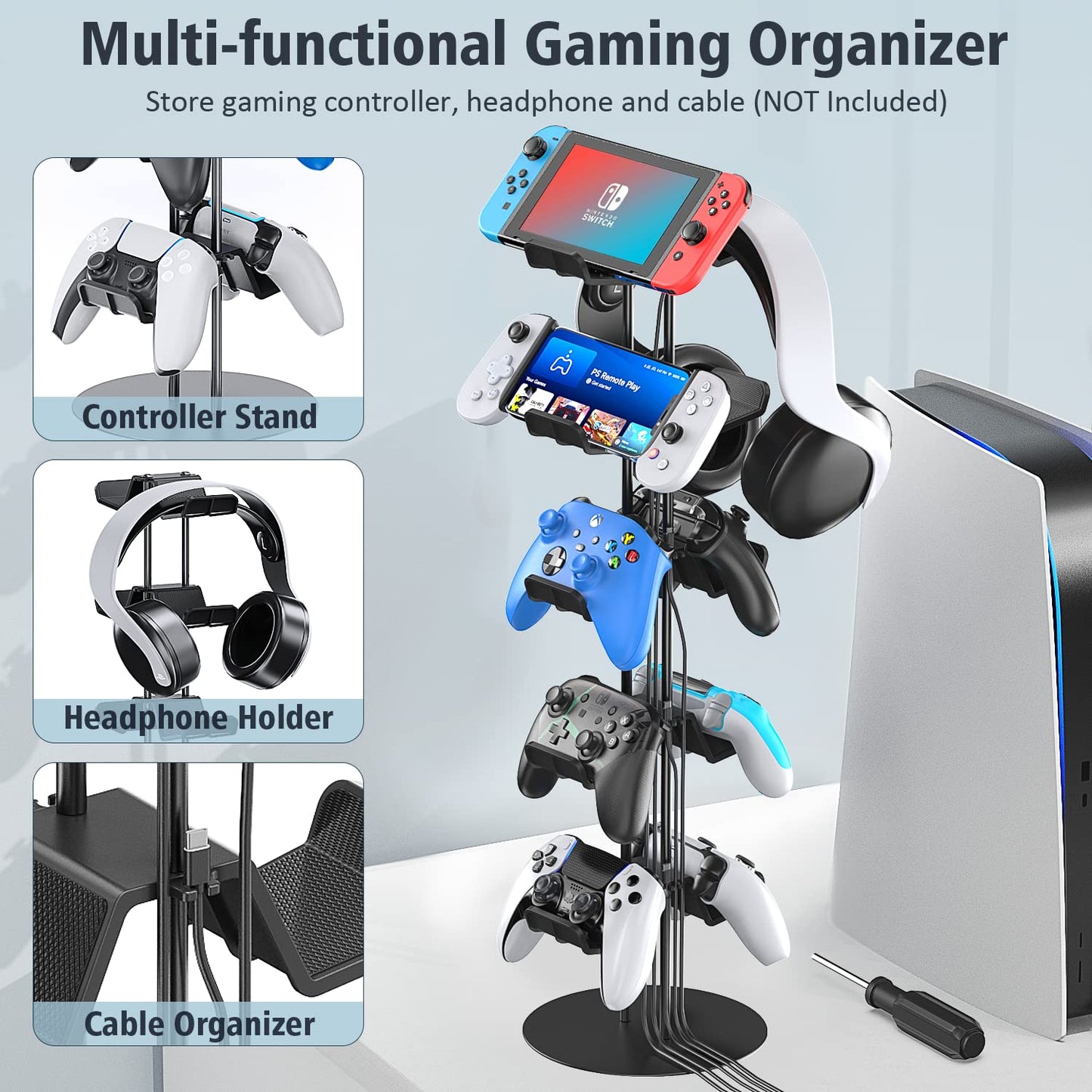 Kytok Controller Stand 4 Tiers with Cable Organizer for Desk, Universal Headphone Stand Compatible with Xbox PS5 PS4 Console Nintendo Switch, Headset Holder & Desk Mounts for 8 Packs Controller
