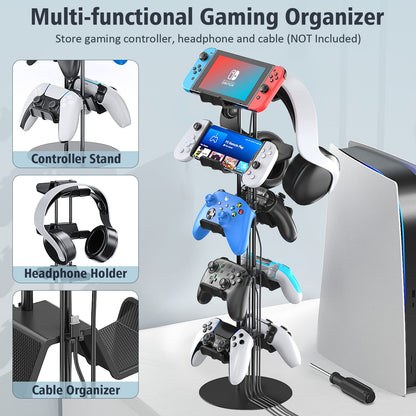 Kytok Controller Stand 4 Tiers with Cable Organizer for Desk, Universal Headphone Stand Compatible with Xbox PS5 PS4 Console Nintendo Switch, Headset Holder & Desk Mounts for 8 Packs Controller