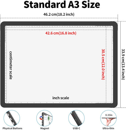 Phylosal Rechargeable A3 LED Light Pad for Diamond Painting, Ultra-Thin Magnetic Tracing Light Box for Drawing, Diamond Art Light Board with Side Button, Super Bright Light Table for Sketching (White)