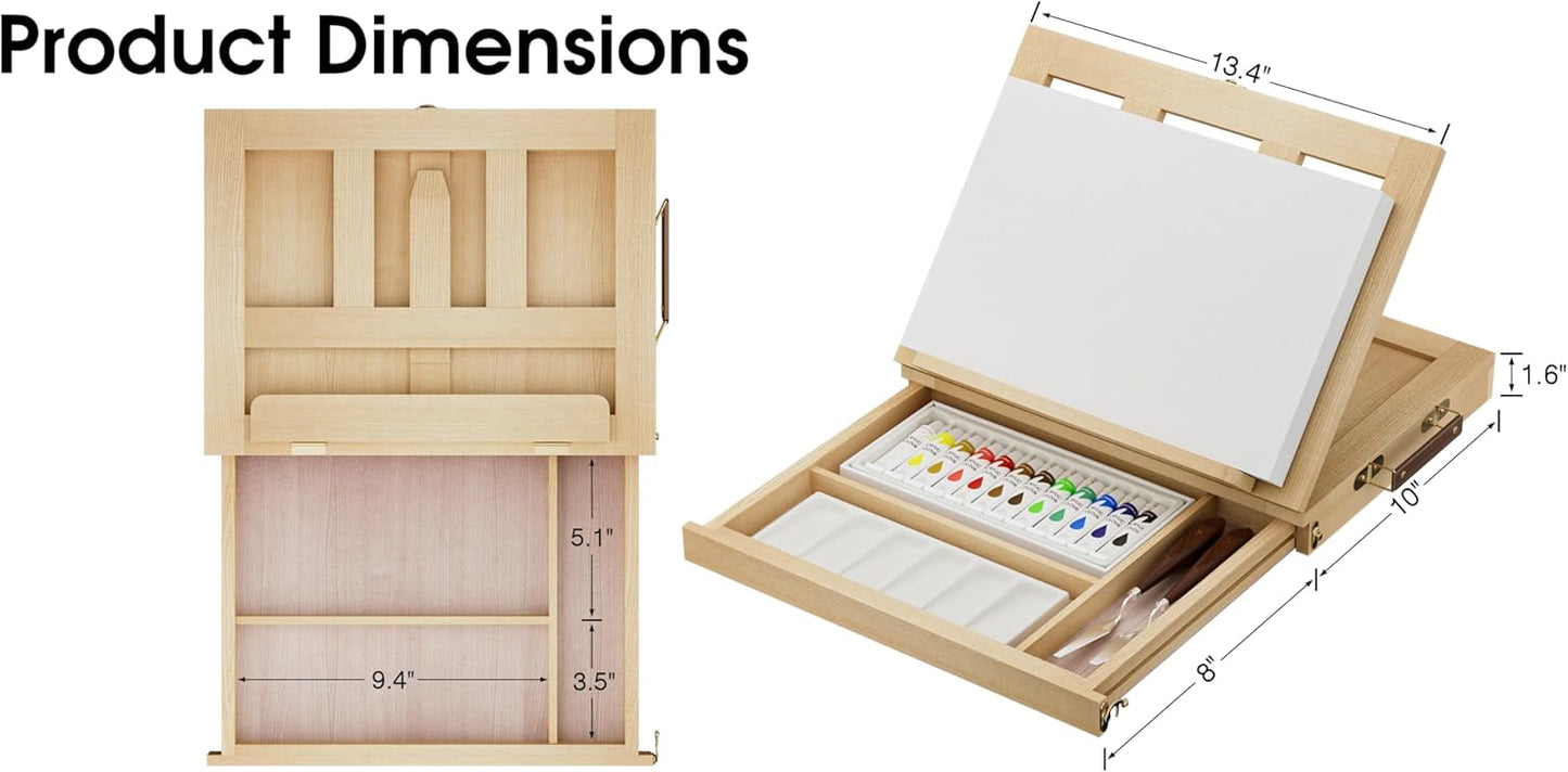 LUCYCAZ Art Easel for Painting, Tabletop Painting Easel Set for Kids, Pine-Wood Portable Easel Stand for Artists with Canvas, Acrylic Paints, Brushes, Palette and Palette Knives for Adults Beginners