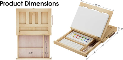 LUCYCAZ Art Easel for Painting, Tabletop Painting Easel Set for Kids, Pine-Wood Portable Easel Stand for Artists with Canvas, Acrylic Paints, Brushes, Palette and Palette Knives for Adults Beginners