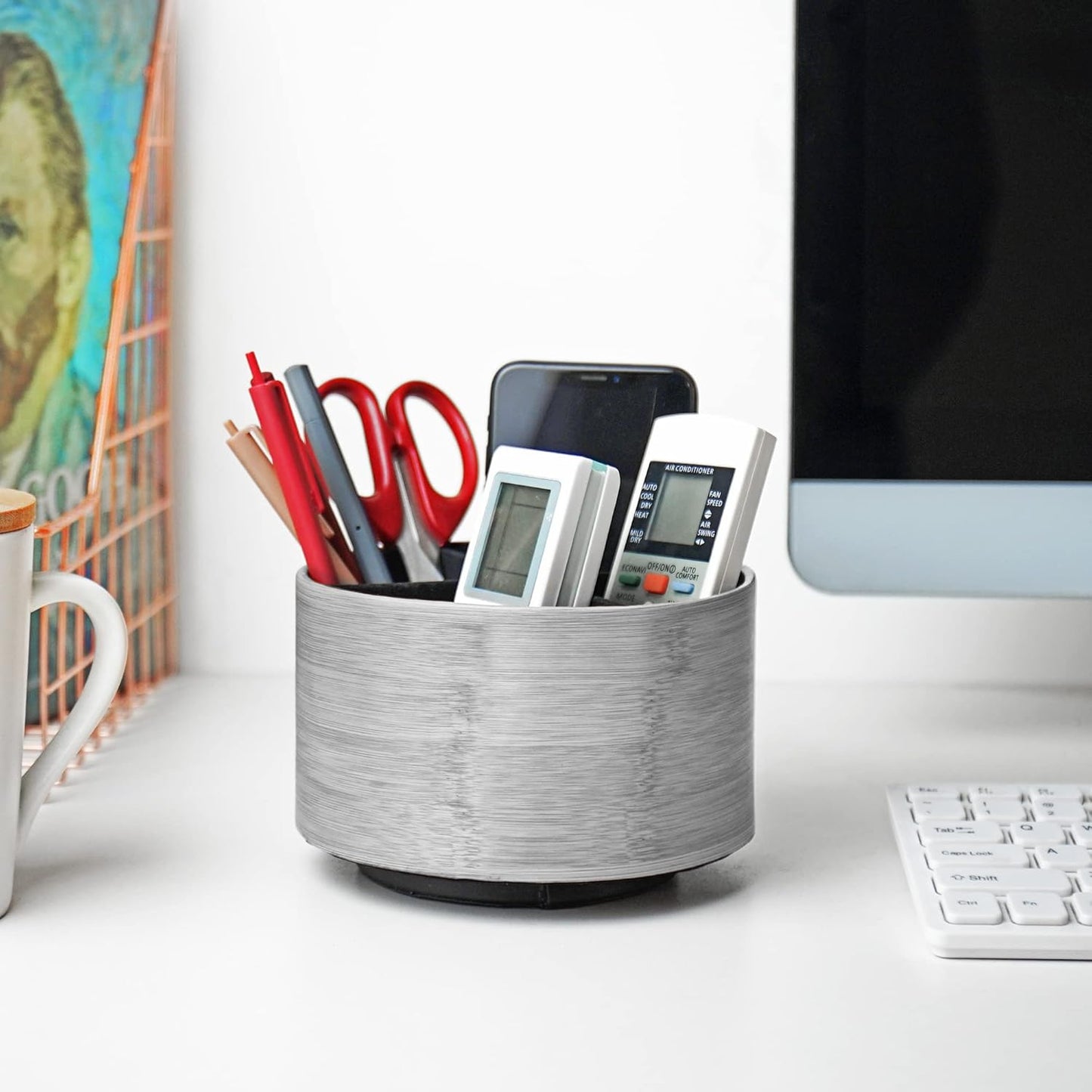 Round Leather Art Supply Organizer,Remote Control Holder,360 Degree Rotating,Multi-Functional Pencil Holder,4 Compartments Desktop Stationary Organizer(1-Fractal Flower) | Round - Colors A
